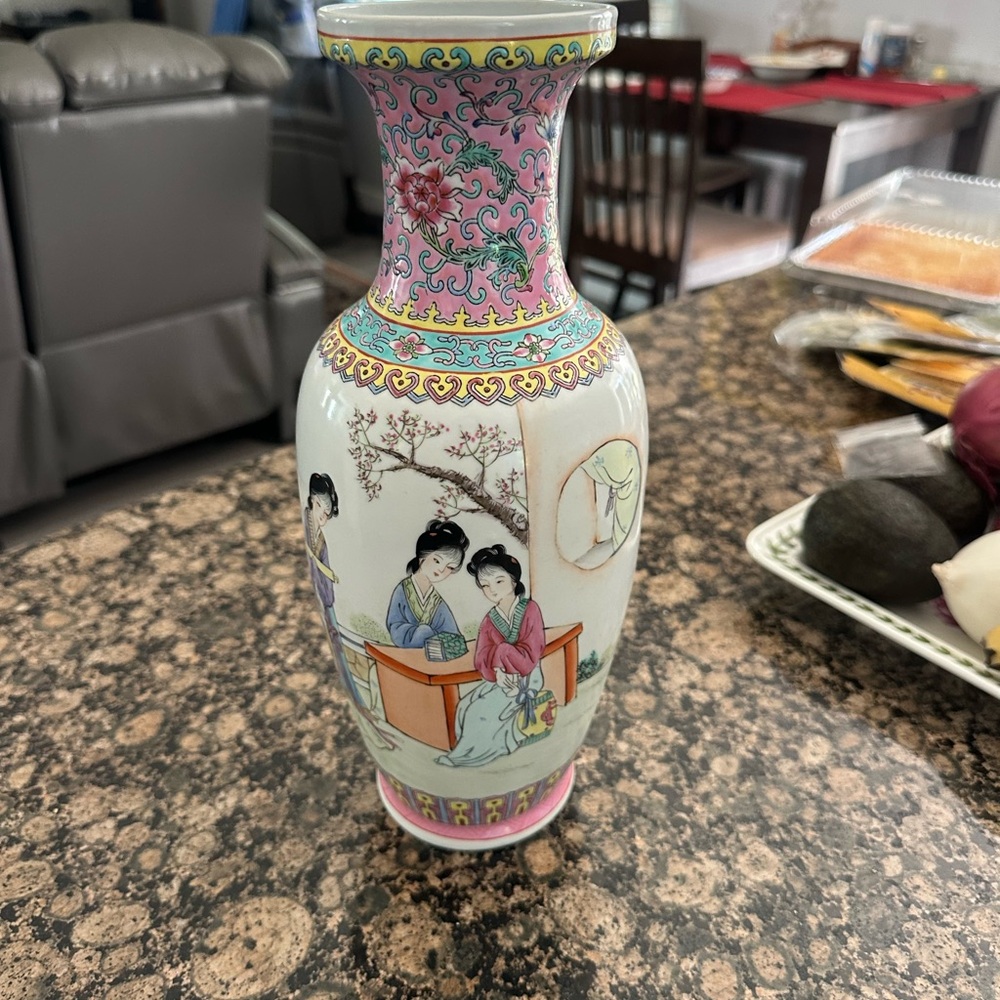 Hand-Painted Porcelain Vase with Pink Floral Neck